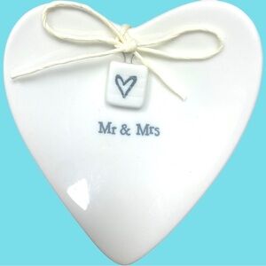 East Of India Mr & Mrs Wedding Ring Holder Dish W/ Heart Dangle
